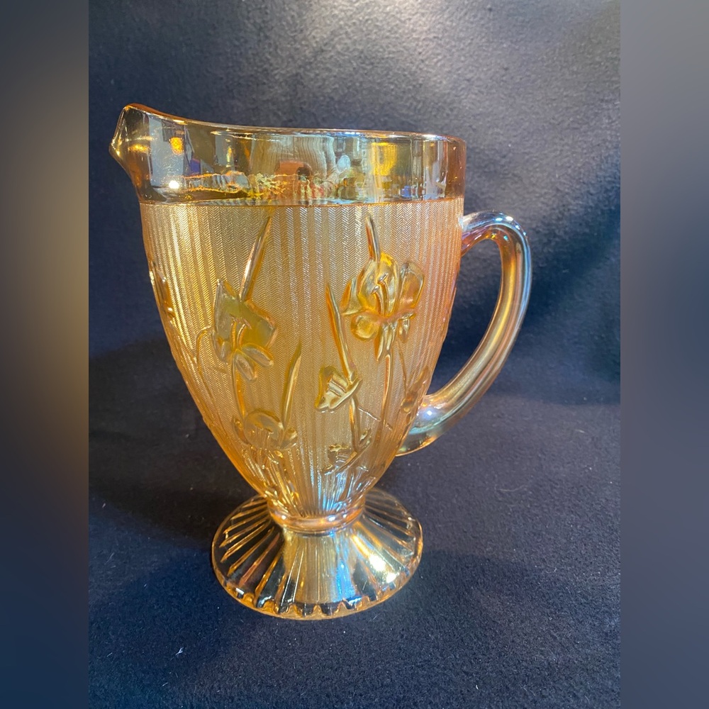 Vintage Jeannette Iridescent Marigold Carnival Iris Herringbone Pitcher